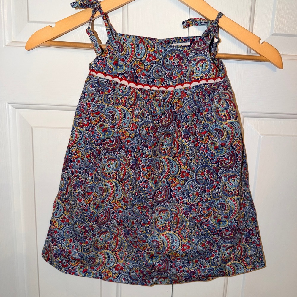 Talbots‎ Kids Girls Size 2 Blue Paisley Cotton Tie Strap Sundress Ric Rac Trim
